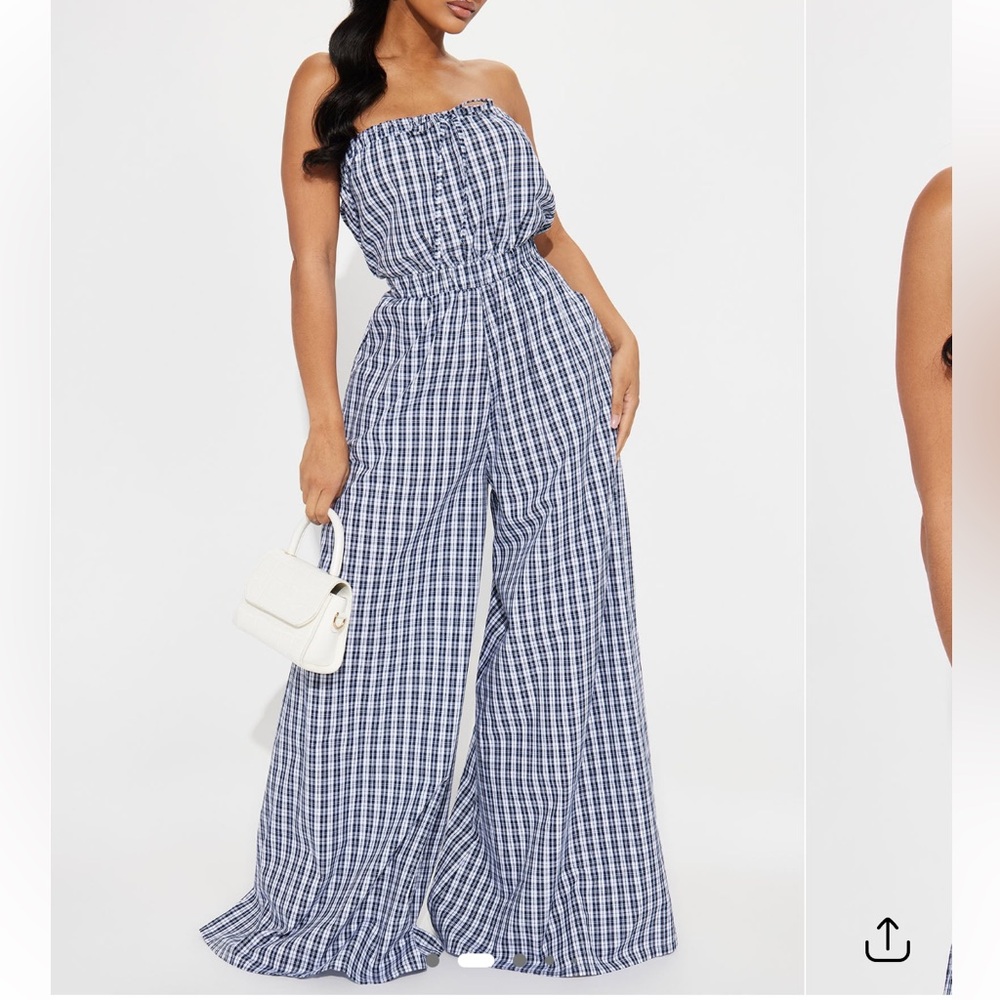 Plaid Strapless Jumpsuit - Black and White